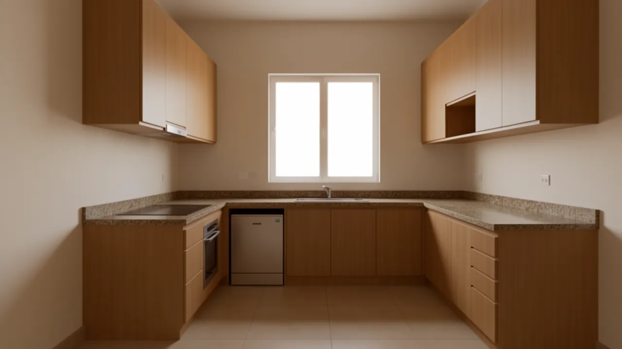 compact modular kitchen in Indian apartment with laminate cabinets and granite counter