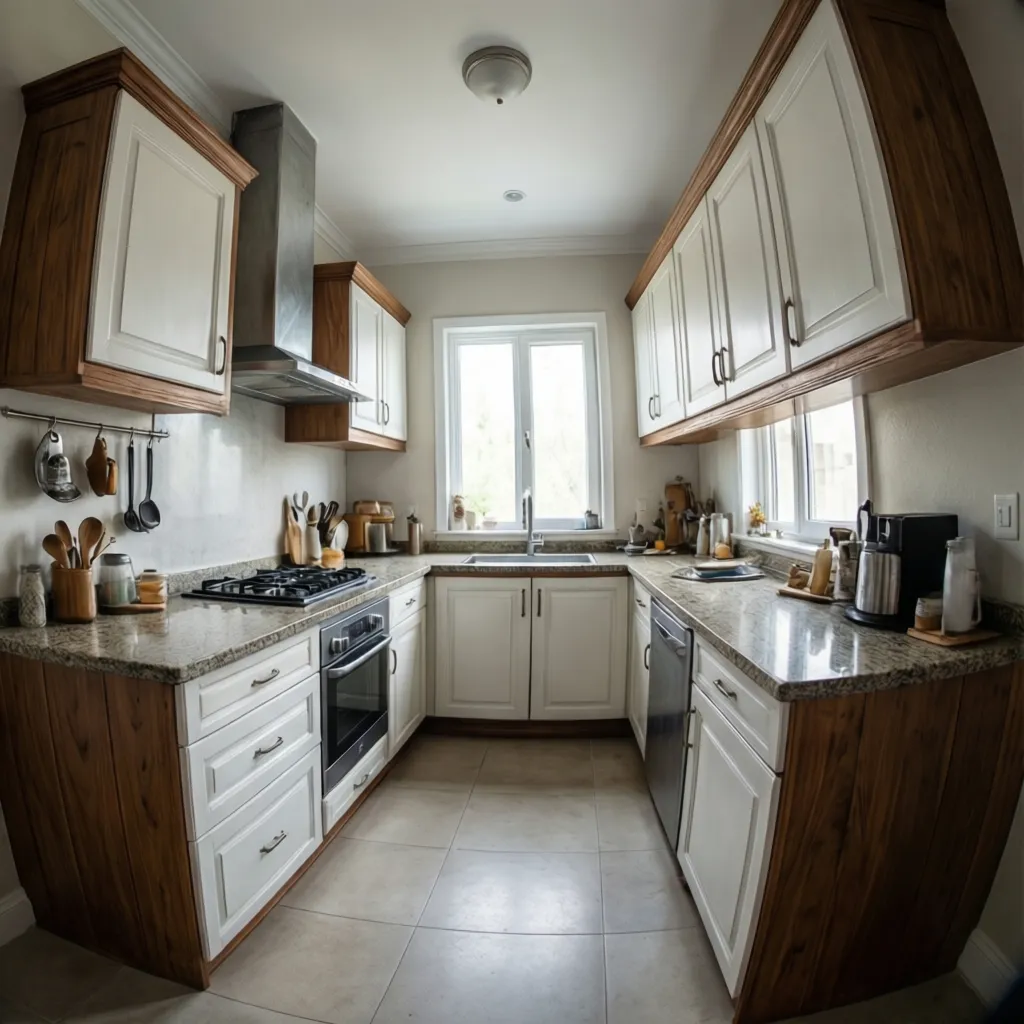 Small Indian L-shaped modular kitchen design with overhead cabinets