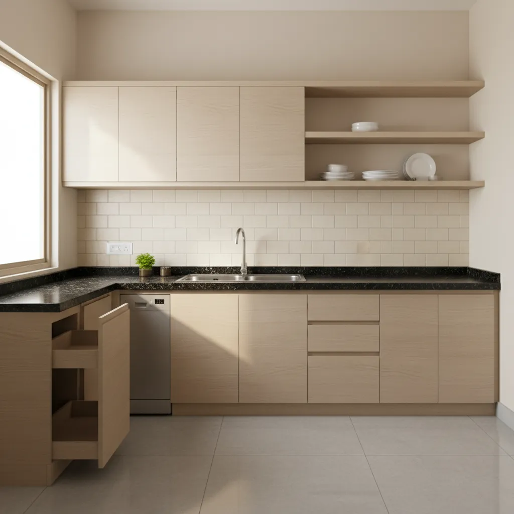 Small modular kitchen with laminate cabinets and granite countertop in an Indian apartment