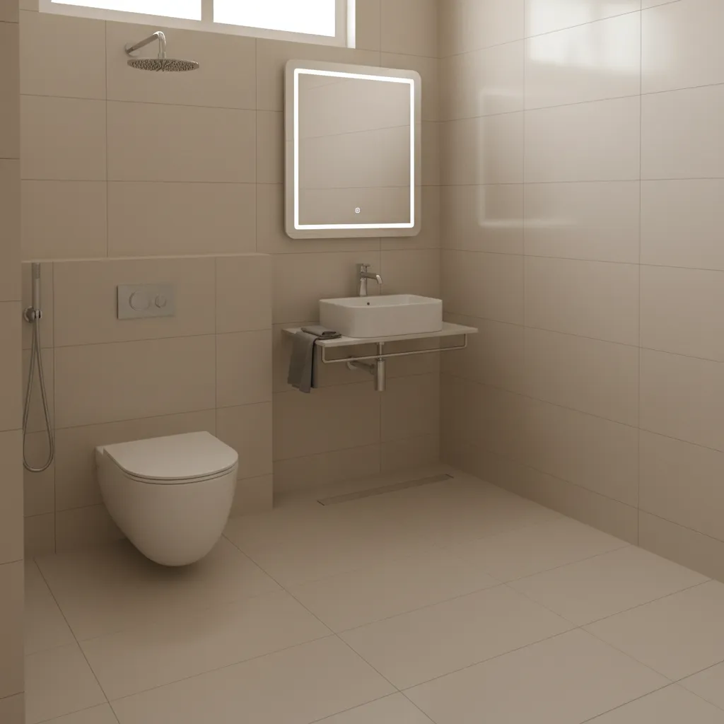 compact bathroom with indian squat toilet and minimal fixtures
