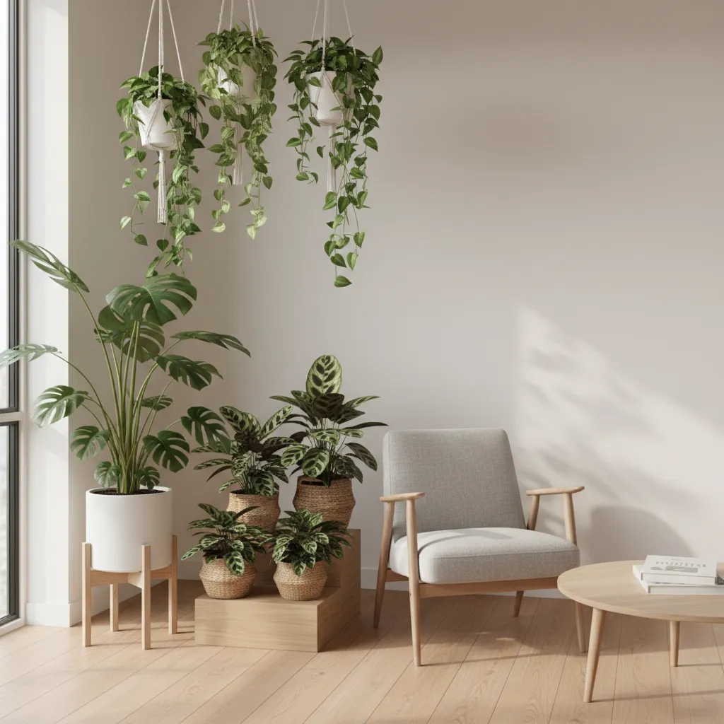 Rincón de salón con plantas de interior organizadas en diferentes alturas