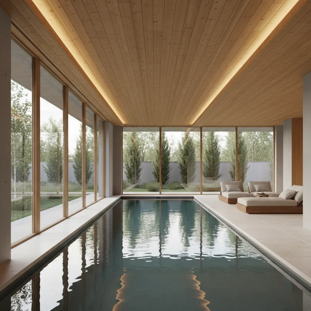 Minimalist indoor lap pool with wood ceiling lounge chairs and large windows viewing green trees