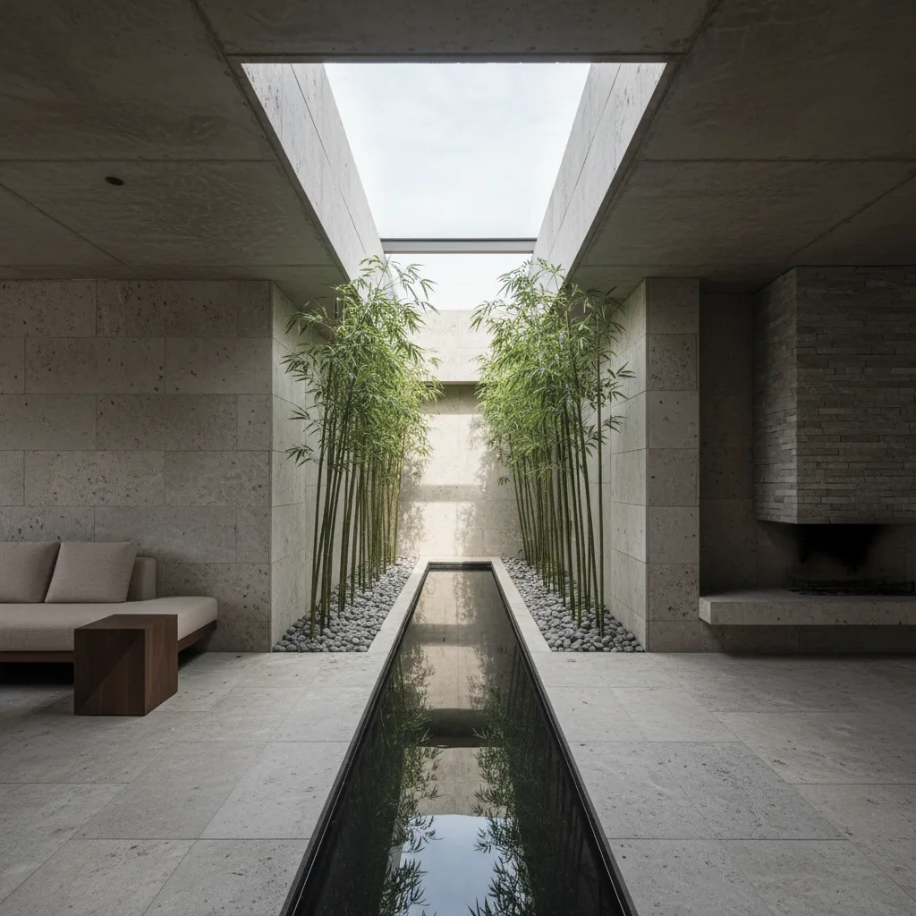 Minimalist room with narrow long water pool tall bamboo plants grey stone walls and sofa