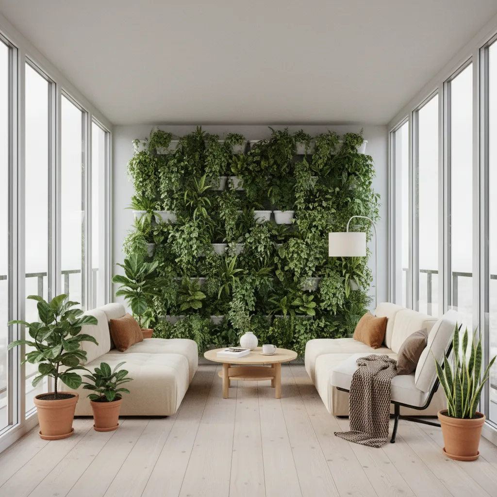 Pequeña terraza interior optimizada con muebles bajos y plantas verticales