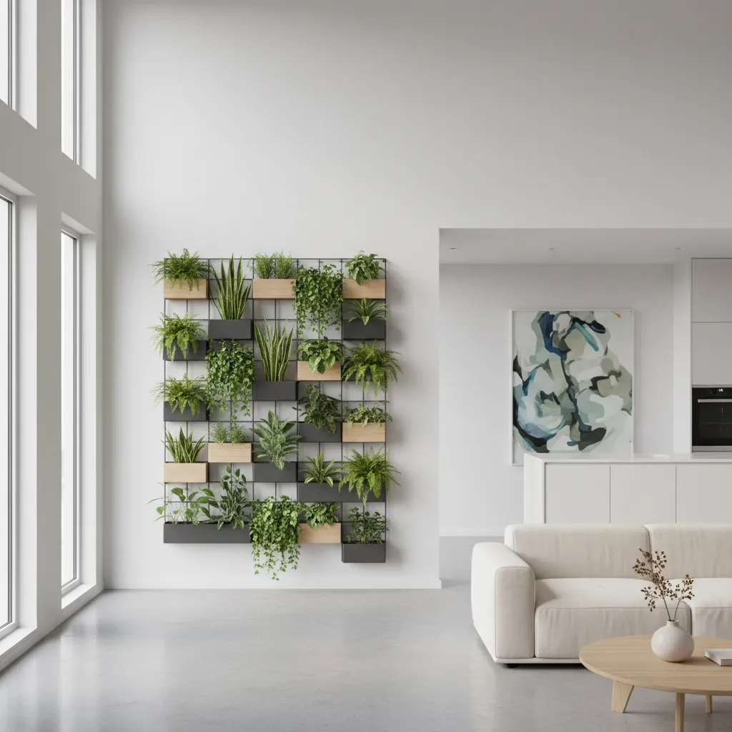 Small modular indoor vertical garden with planter grid system