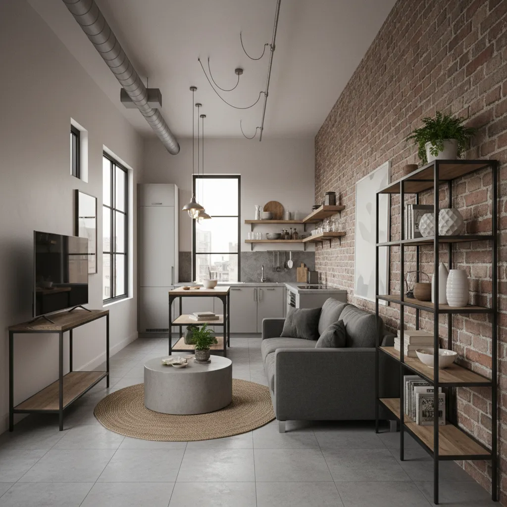 Small industrial apartment with grey sofa red brick wall metal shelf and open kitchen layout