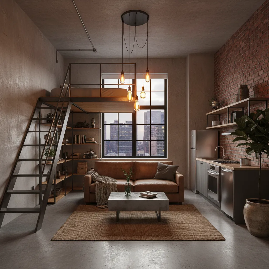 Apartamento pequeño con diseño industrial moderno