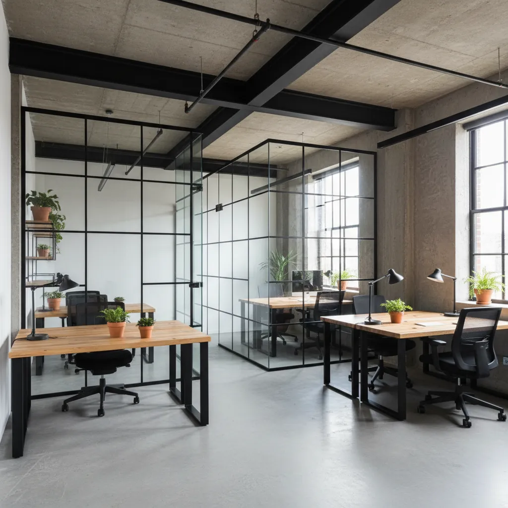 Industrial office space featuring glass walls wooden desks black chairs small green plants and windows