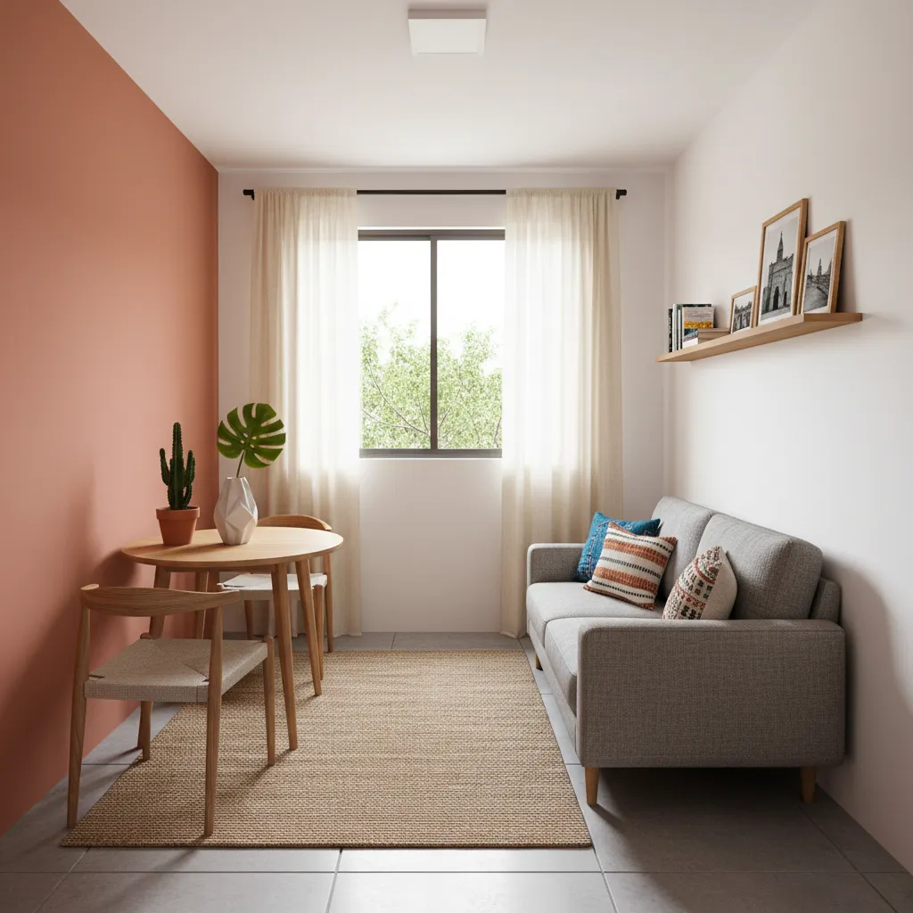 Sala pequeña de casa Infonavit con sofá compacto y distribución abierta