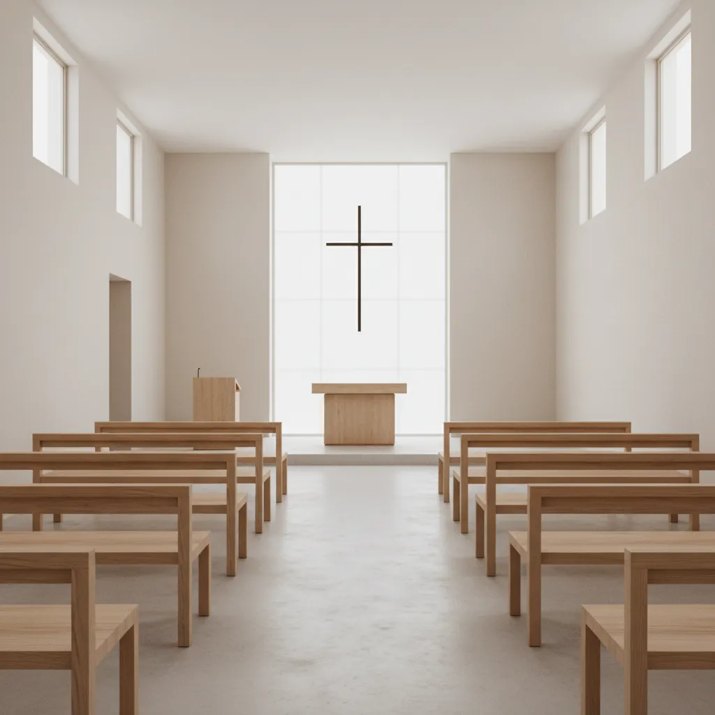 Small institutional chapel interior with simple seating and quiet reflective atmosphere