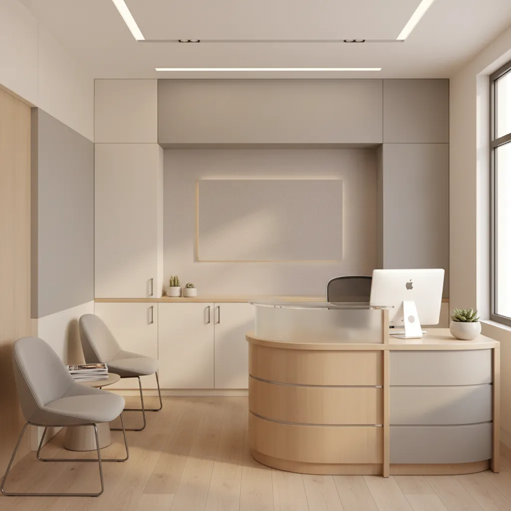 Small insurance office reception area with waiting chairs and compact desk