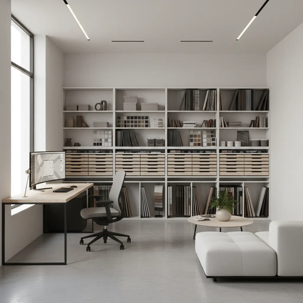 compact interior design studio showing workstation storage and open circulation space