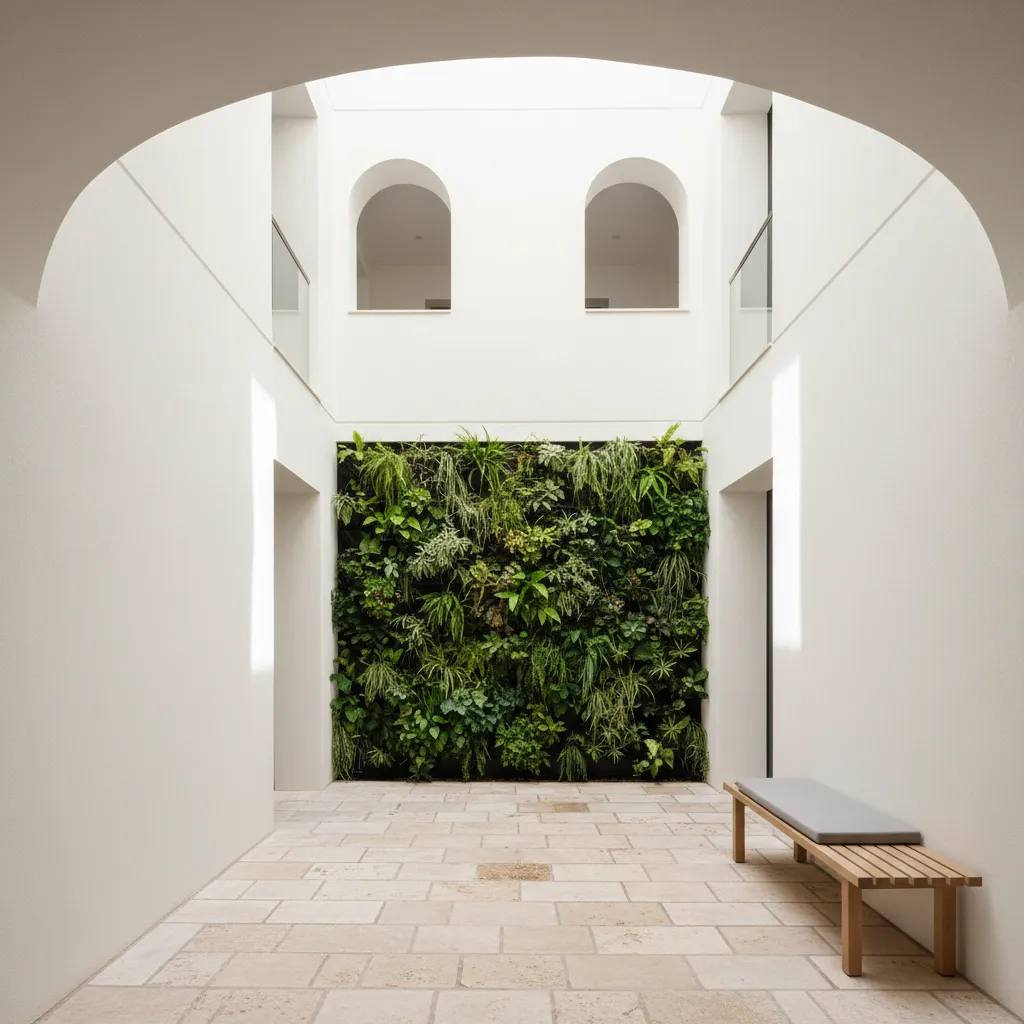 Modern indoor patio with large green wall wooden bench stone floor and white arched walls