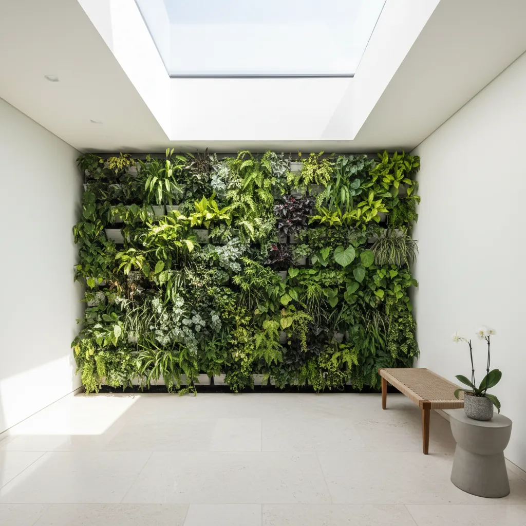 Patio interior pequeño decorado con plantas y pavimento claro