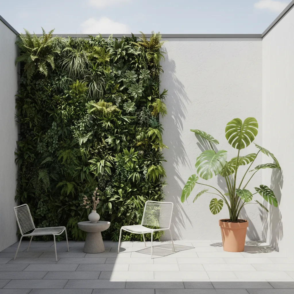 Minimalist outdoor patio with vertical green wall white chairs stone table and large potted plant