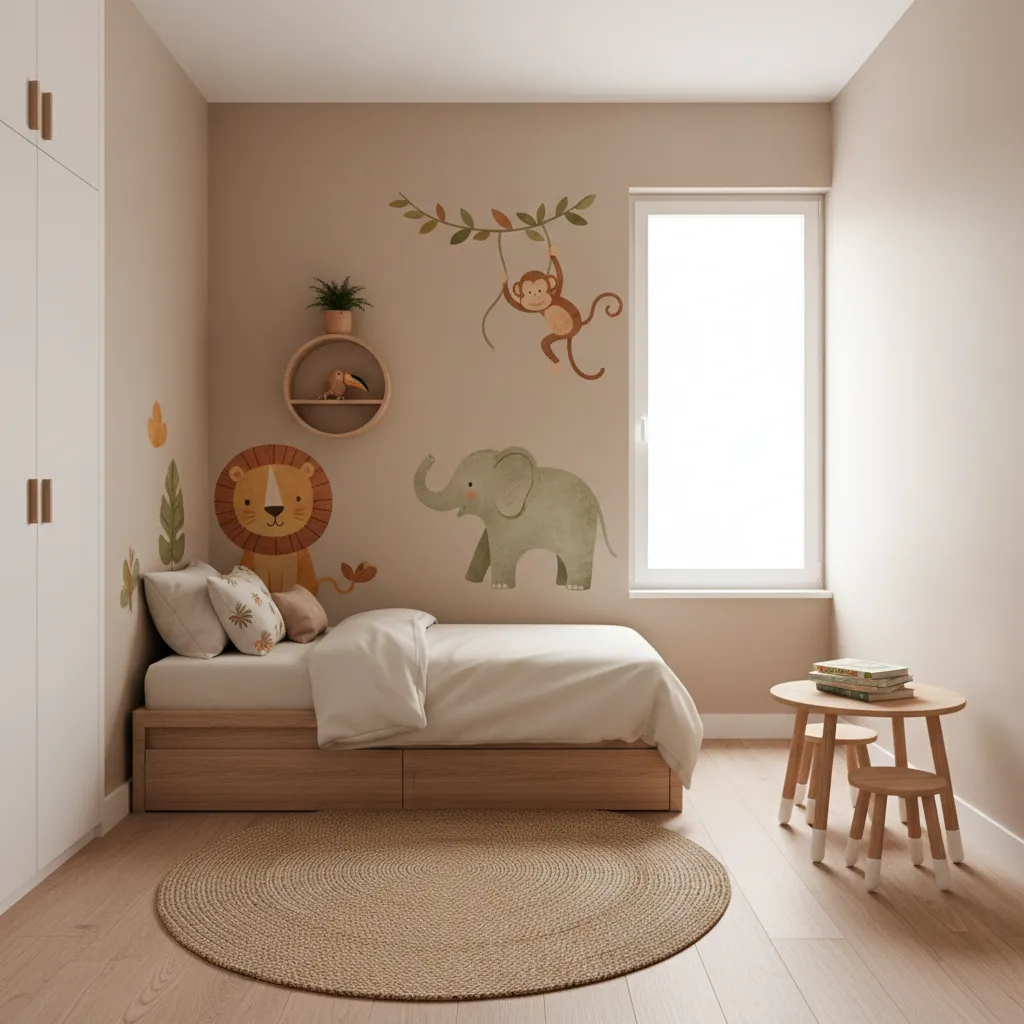 Small jungle themed kids bedroom with wall decals and compact furniture