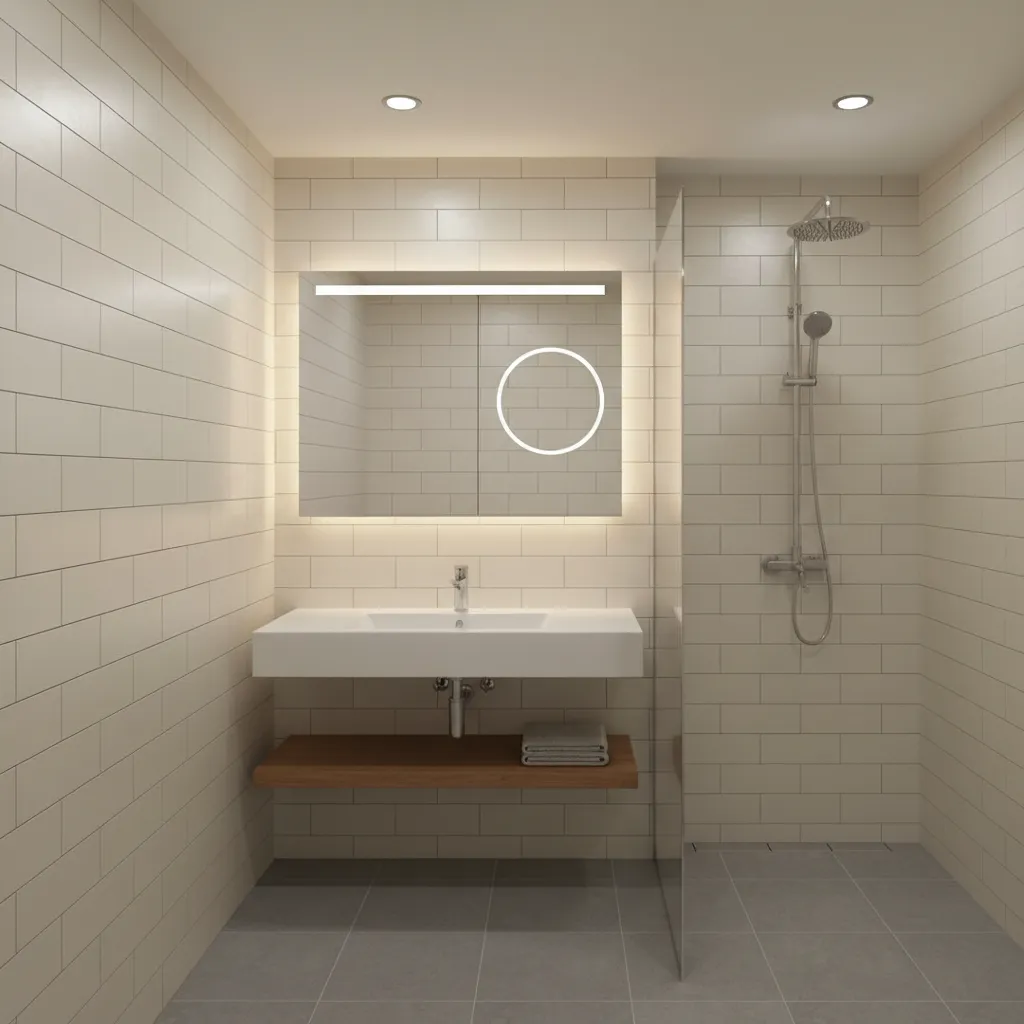 Small Kerala bathroom using light colored tiles to create a spacious look