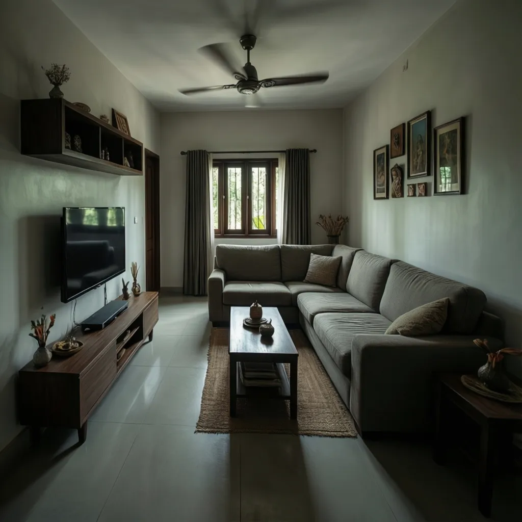 compact Kerala living room layout with small sofa and TV unit