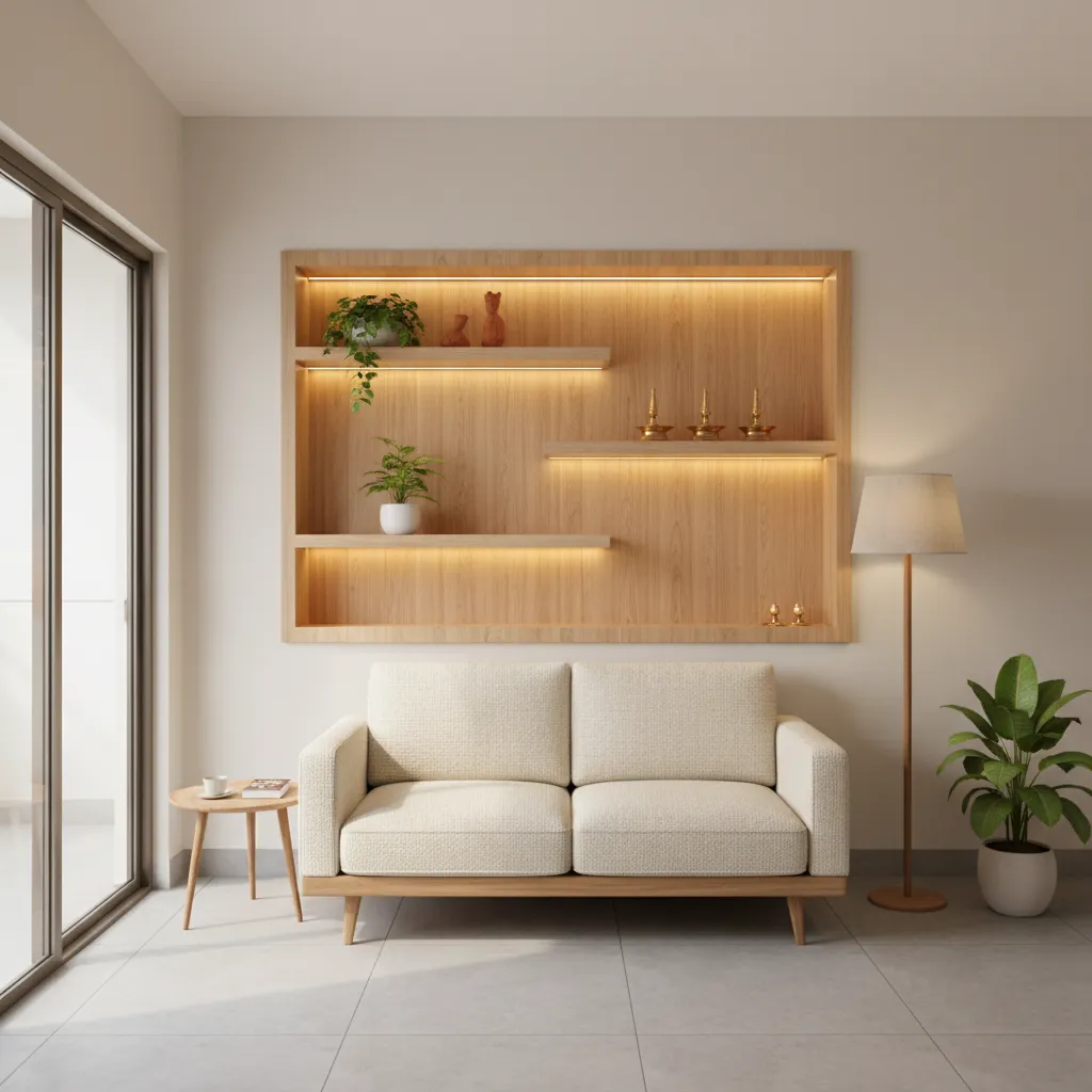 compact wall niche showcase in small Kerala living room