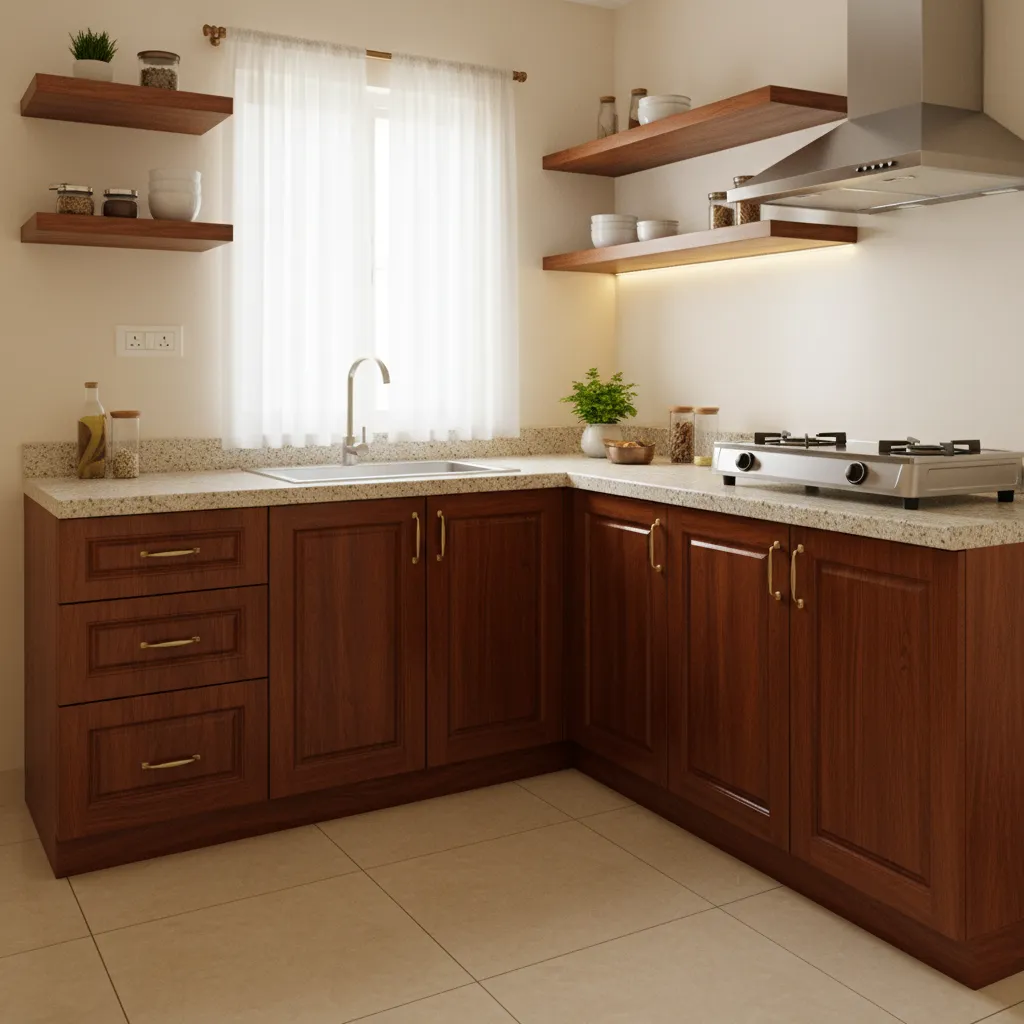 Compact Kerala style kitchen with wooden shelves and light walls