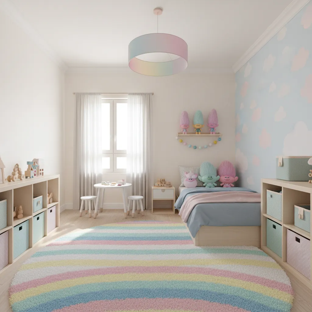 Small kids bedroom with open play space and colorful rug