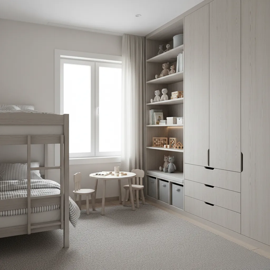 Compact kids bedroom with integrated wardrobe and toy storage