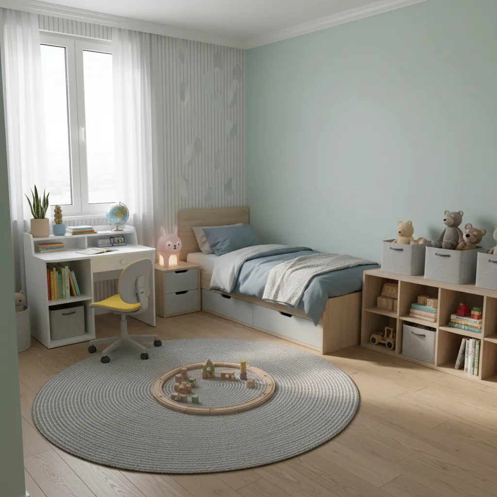 Small boys bedroom organized into sleep study and play zones
