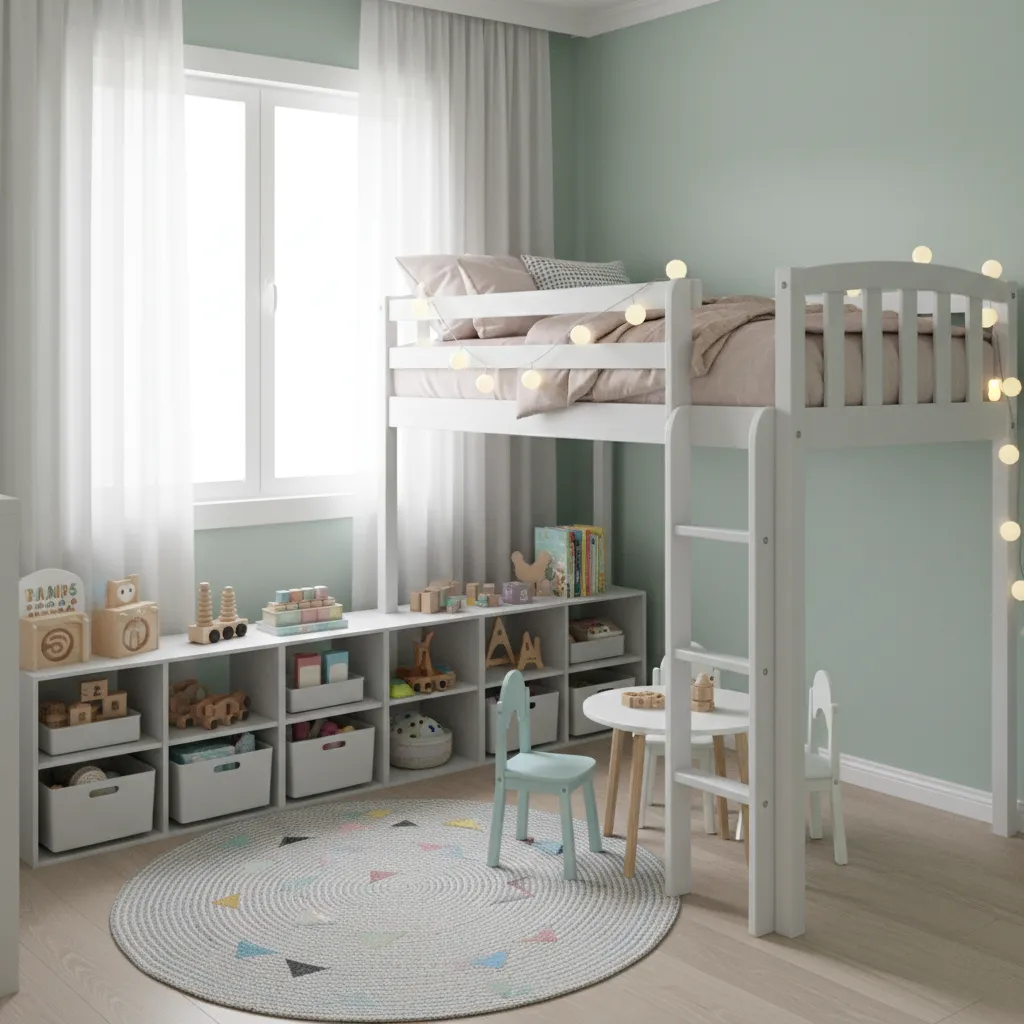 compact kids bedroom layout with loft bed and play space