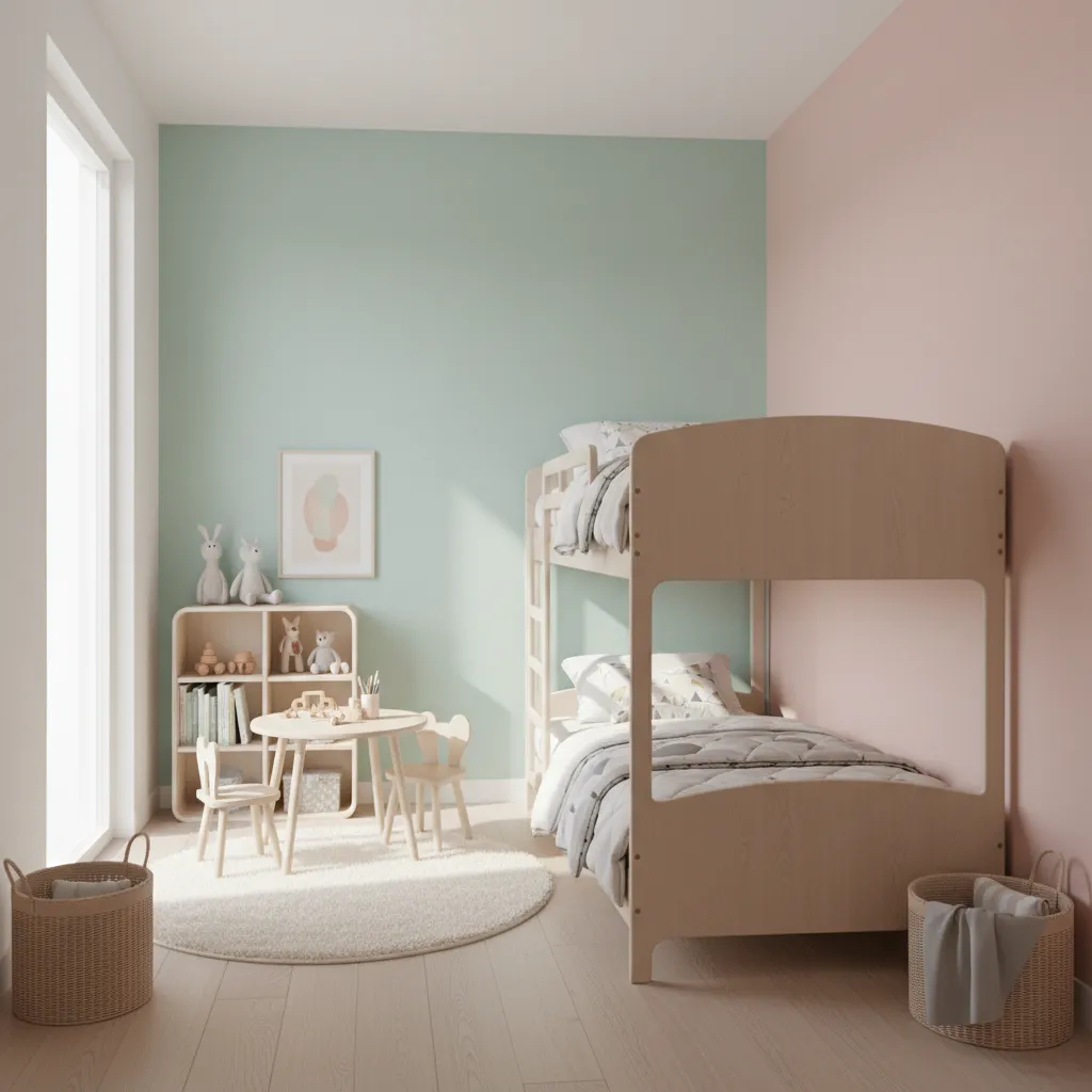 light colored kids bedroom with soft pastel walls and natural light