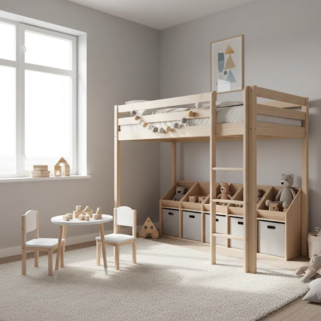 Small kids bedroom with loft bed and play space underneath