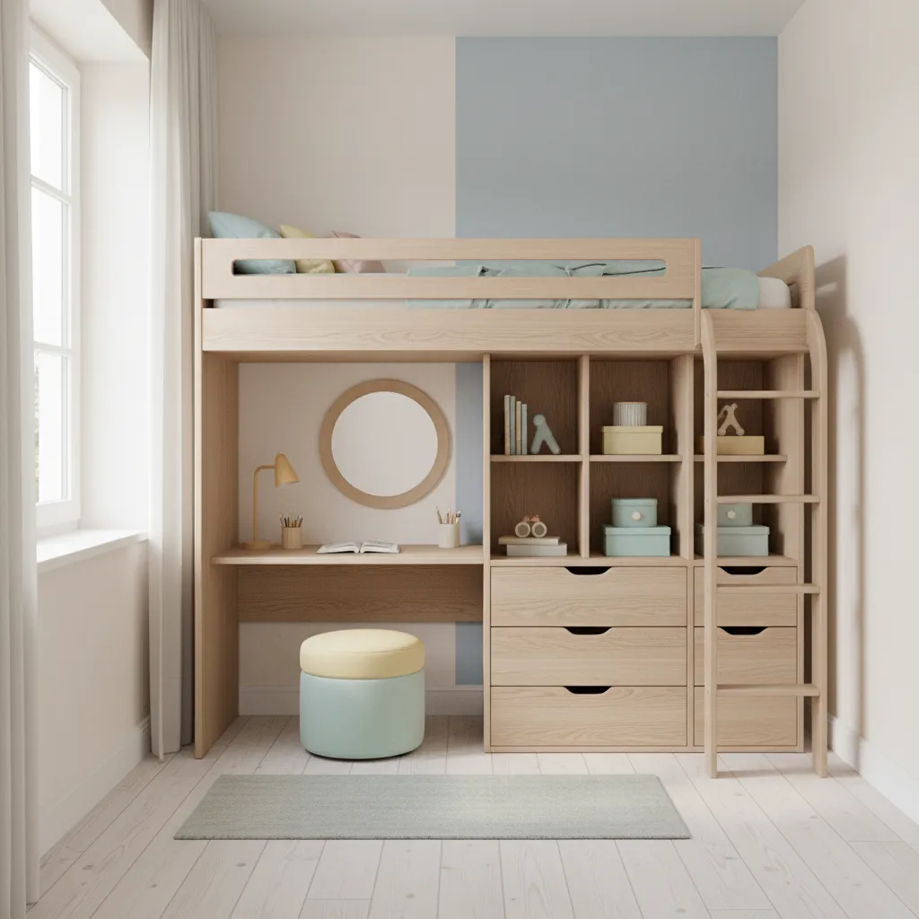 small kids bedroom with loft bed and storage underneath