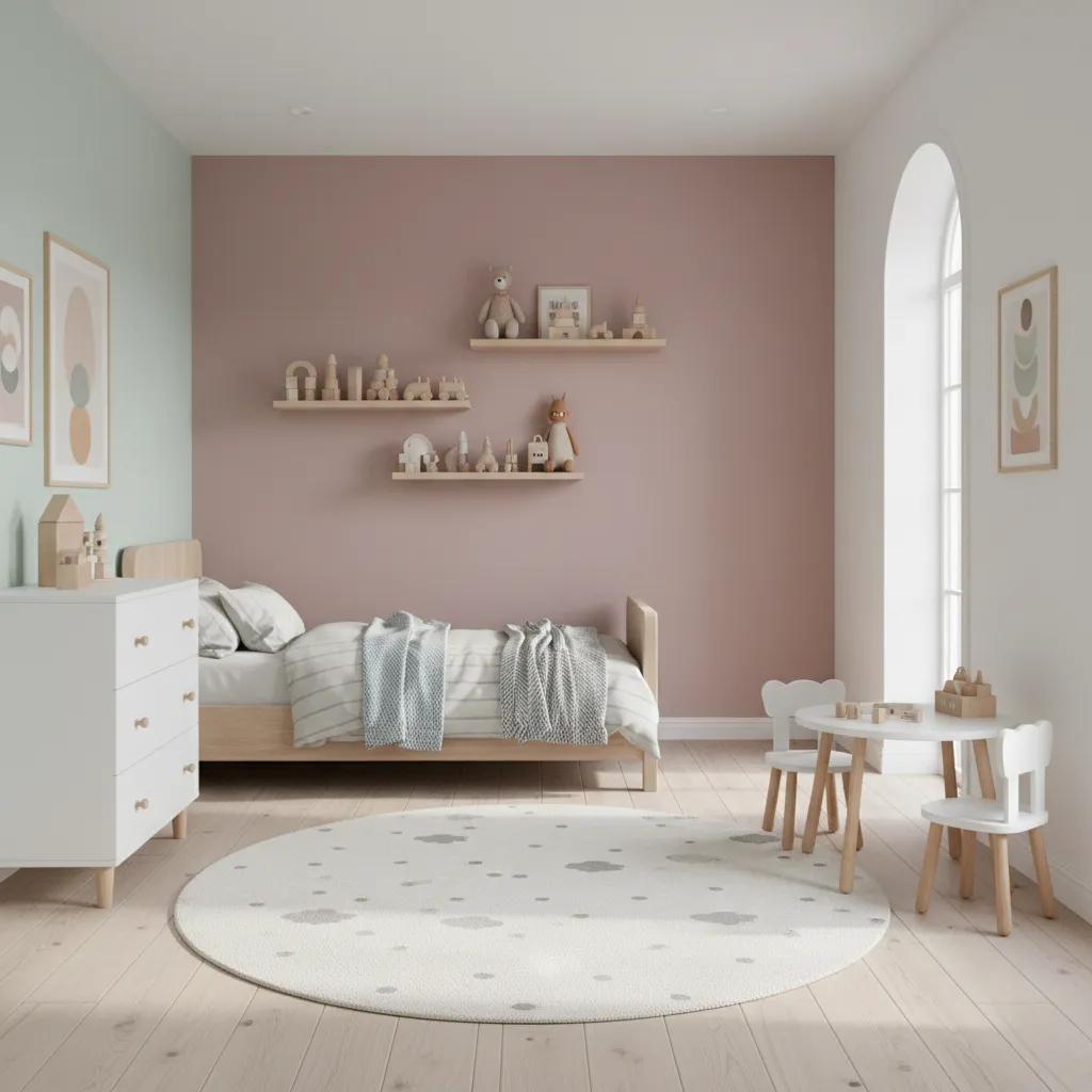 small children's bedroom layout with bed storage and play area