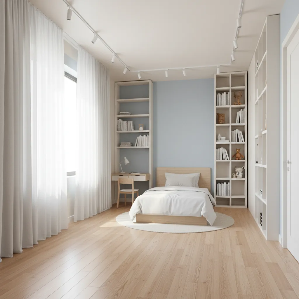 Small children's bedroom designed to look larger with light colors and vertical storage