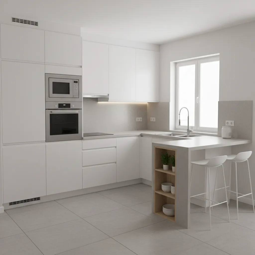 3D visualization of a compact kitchen renovation plan with cabinets and appliances layout