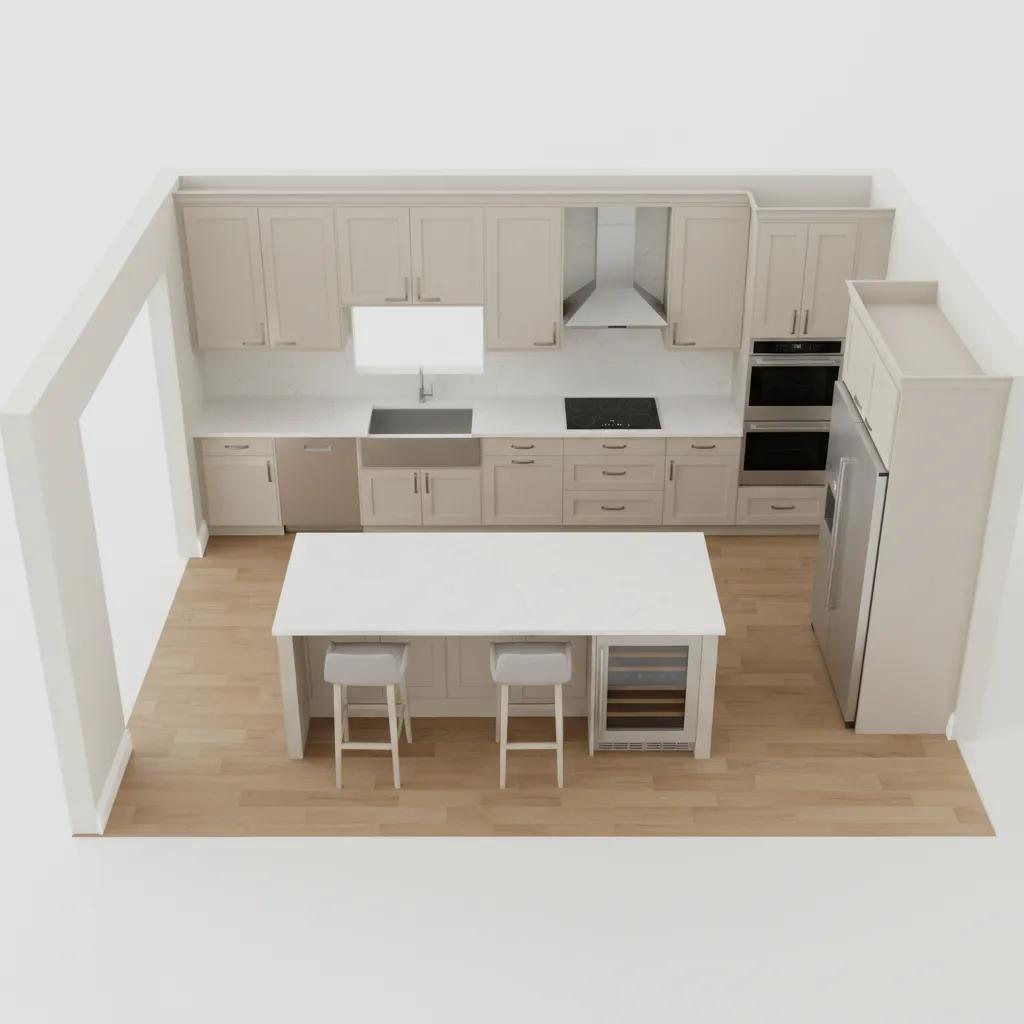 Interior design drawing of a modern kitchen with island breakfast bar stools and wooden flooring