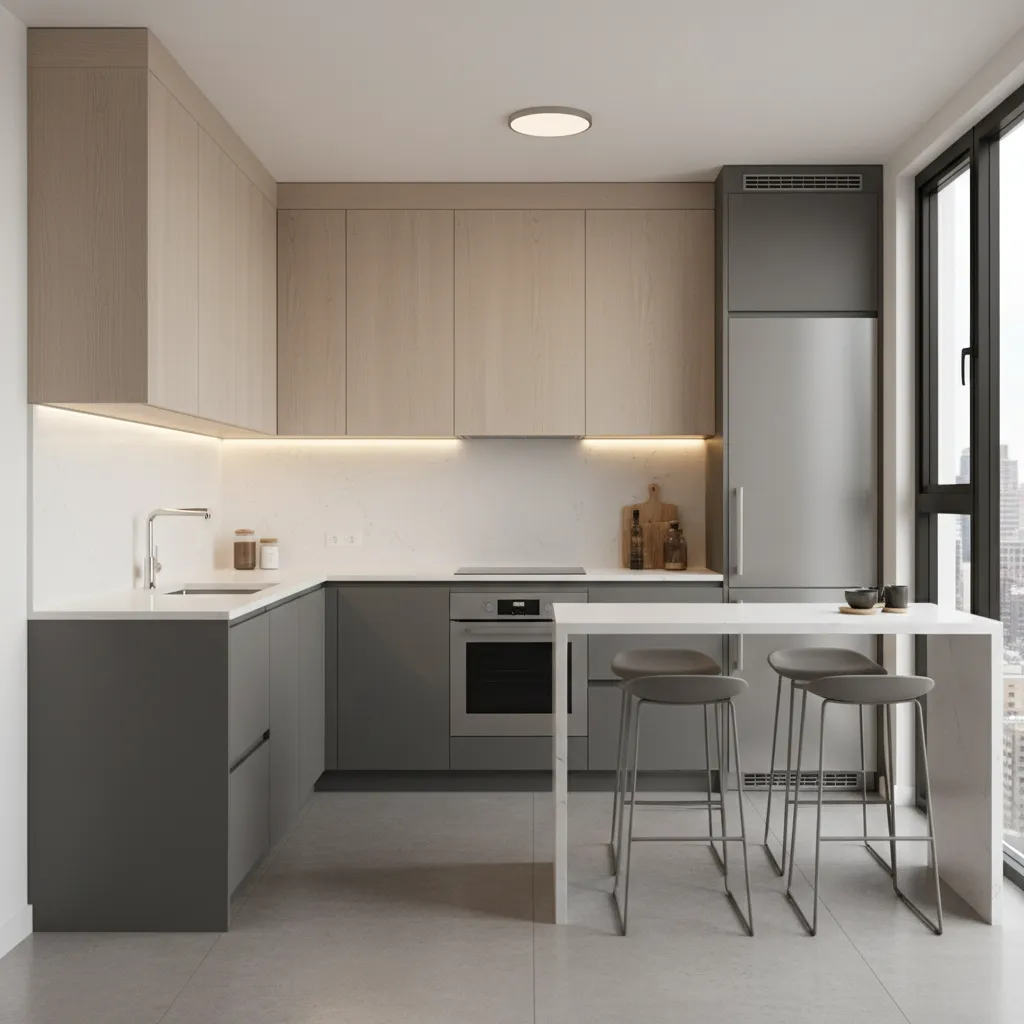 3D visualization of small kitchen layout before renovation