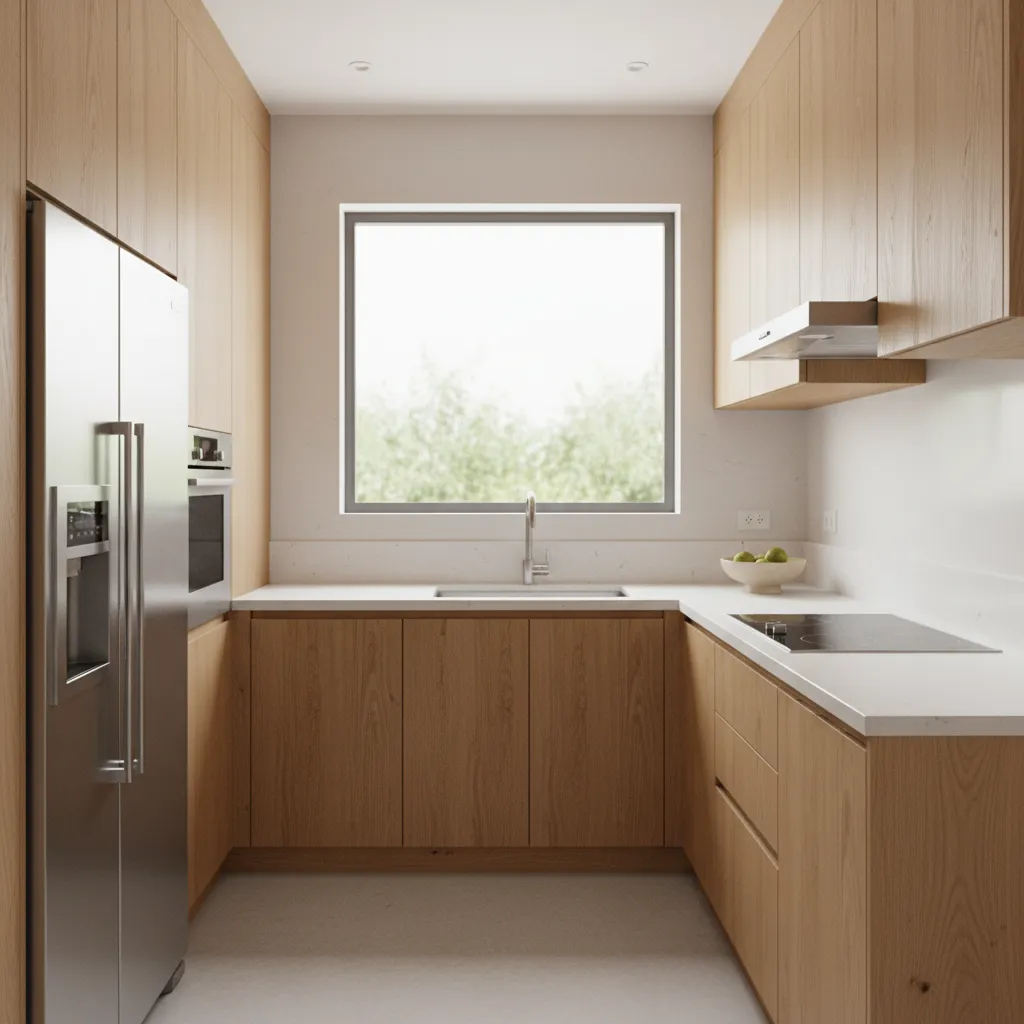 3D visualization of compact kitchen layout with cabinets and appliances