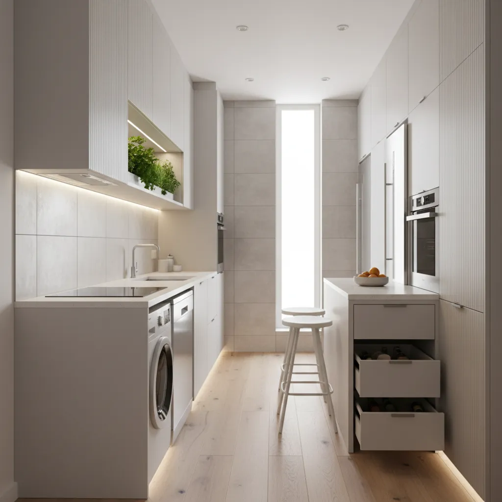 Compact kitchen optimized with smart storage and layout in 3D design