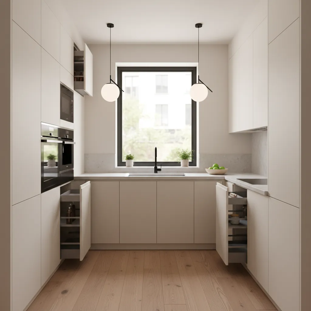 Modern white kitchen with open cabinets and wood floor and two white globe ceiling lights