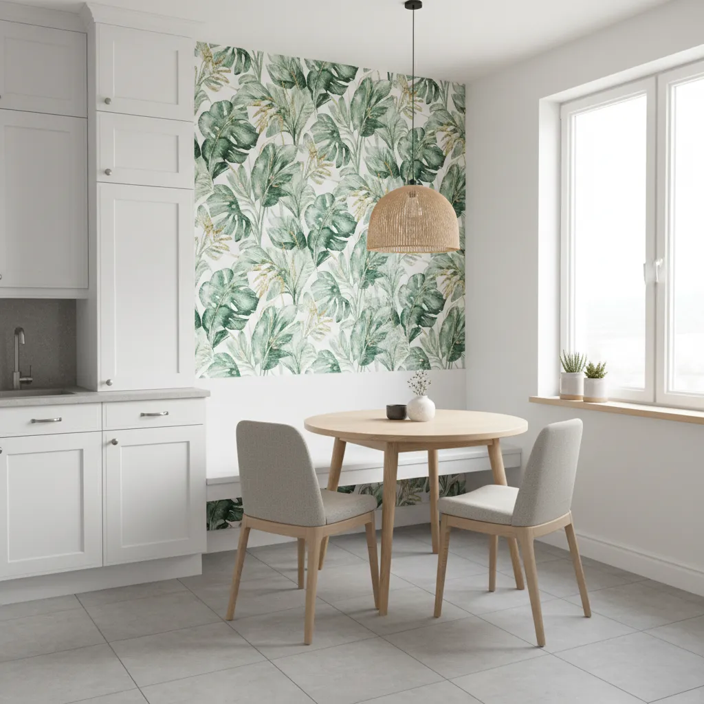 Small kitchen with wallpaper accent wall behind dining nook