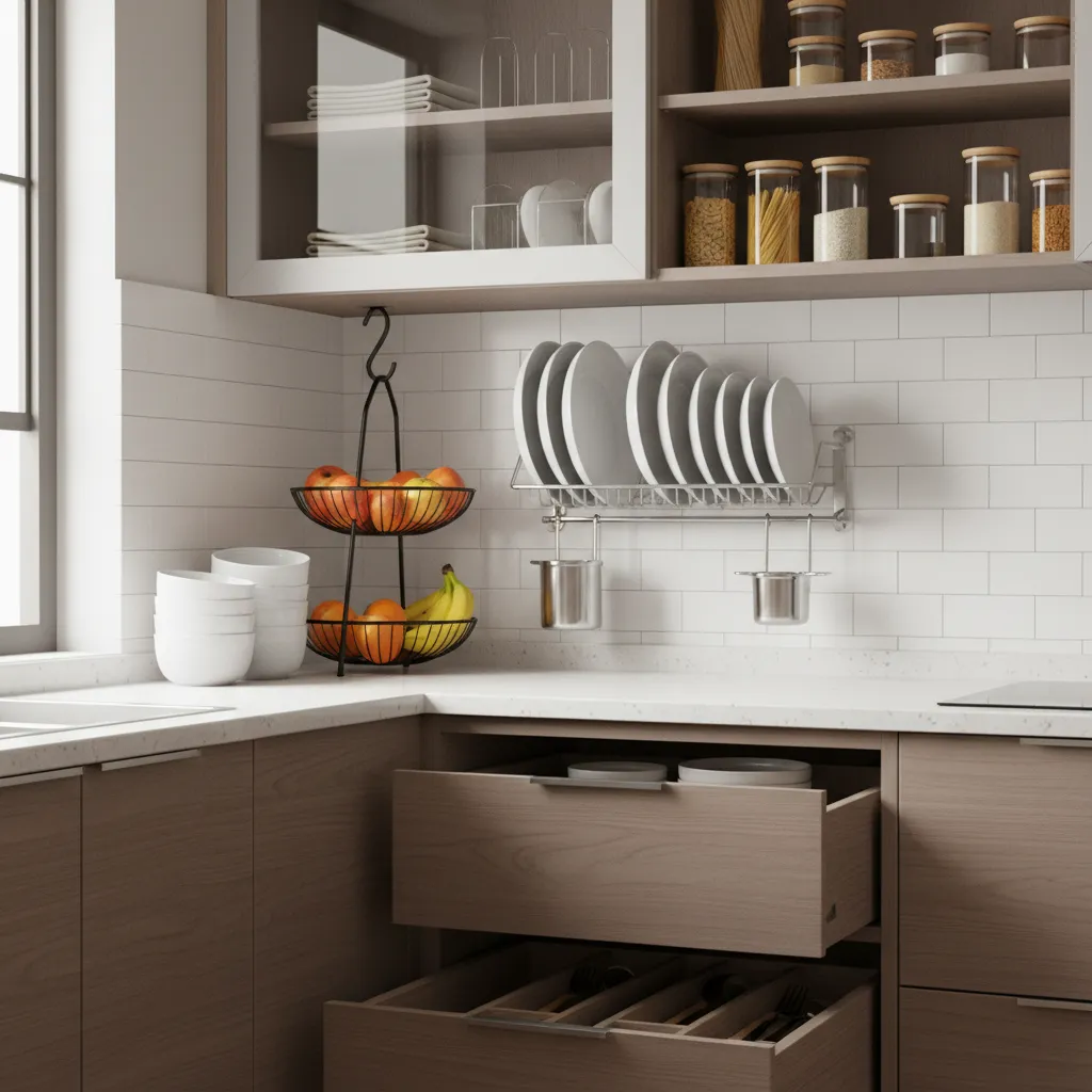 organized small kitchen with stackable bowls and vertical storage