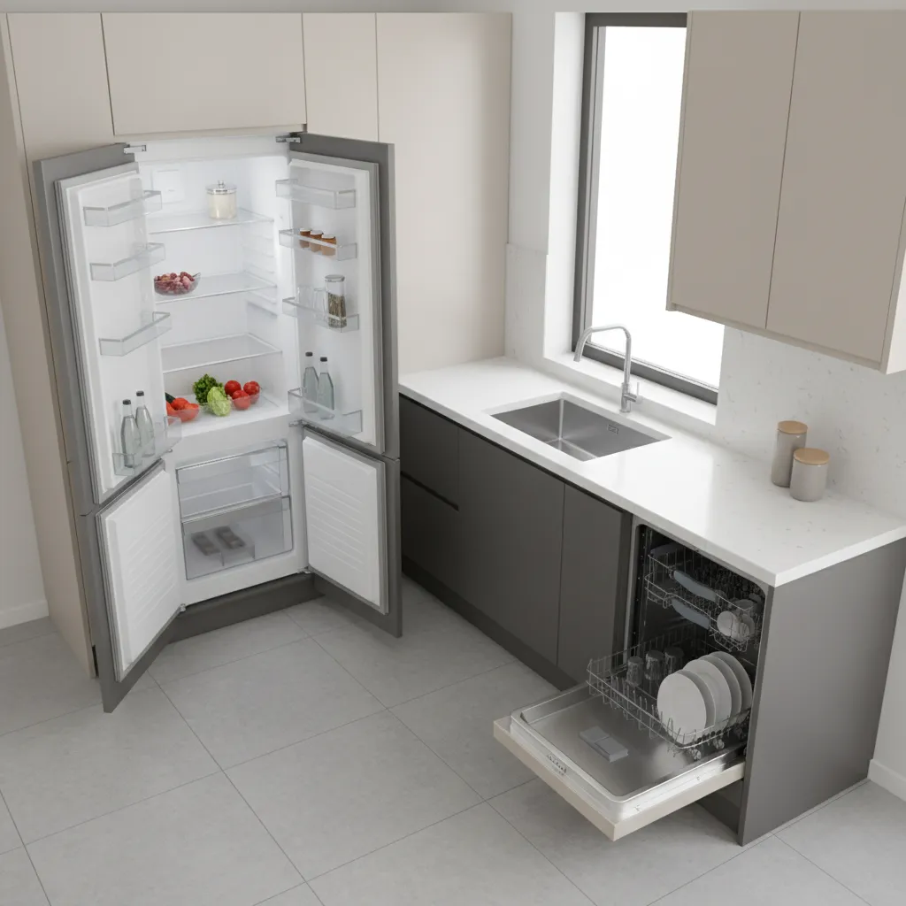 Small kitchen layout showing refrigerator door clearance and dishwasher opening space