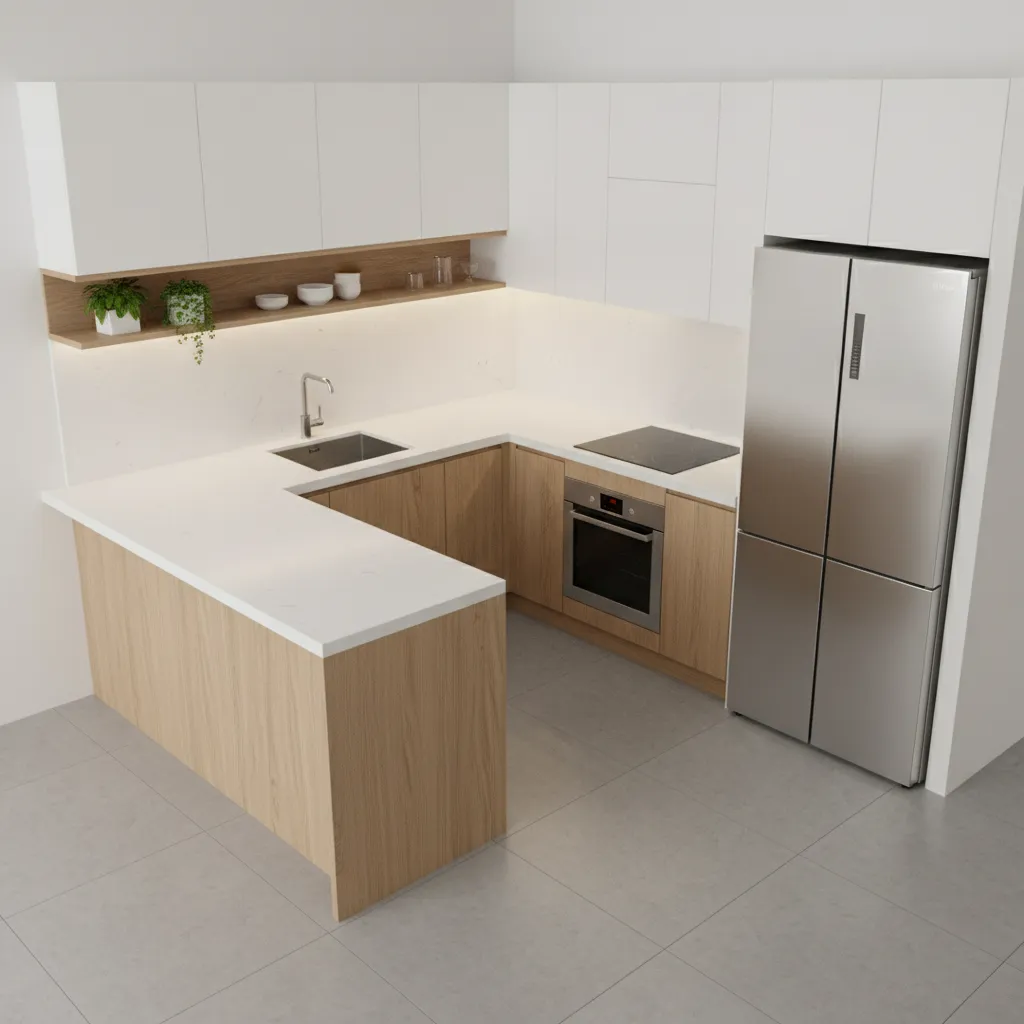 compact appliance arrangement in small L shaped kitchen layout