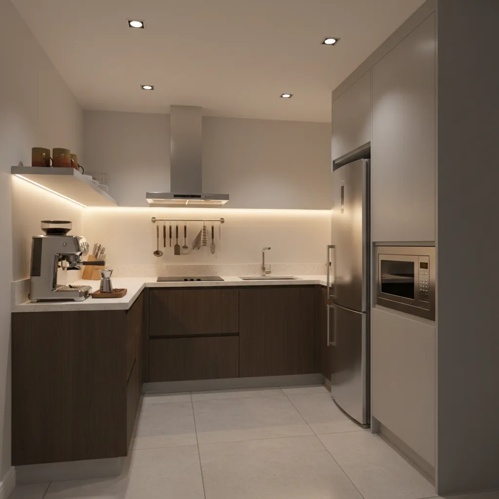 Compact kitchen organized into appliance zones including coffee station and cooking area