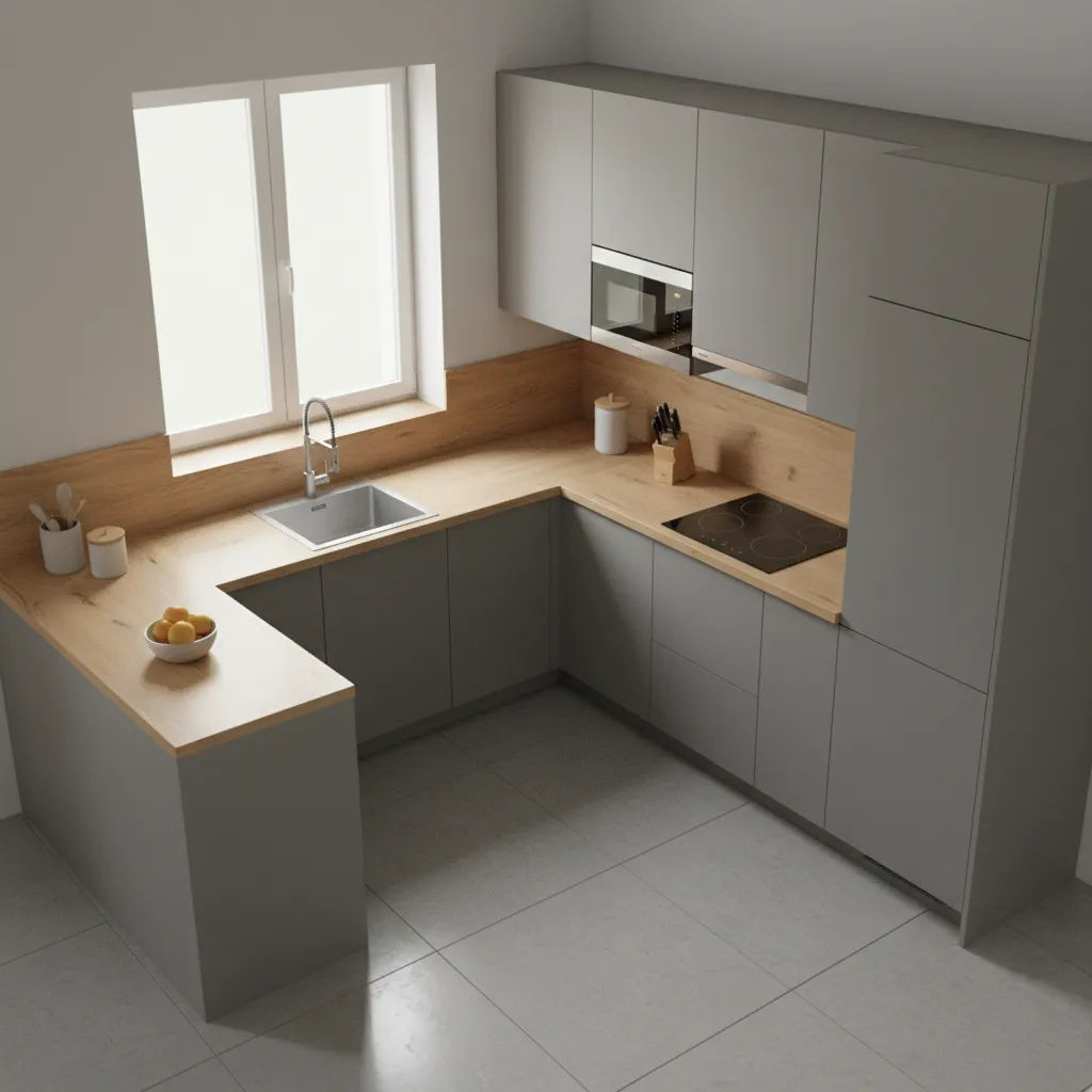 Compact kitchen showing appliance zones including microwave and refrigerator