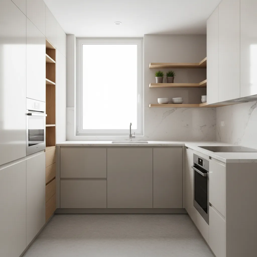 Small kitchen with mixed cabinet widths and offset shelves