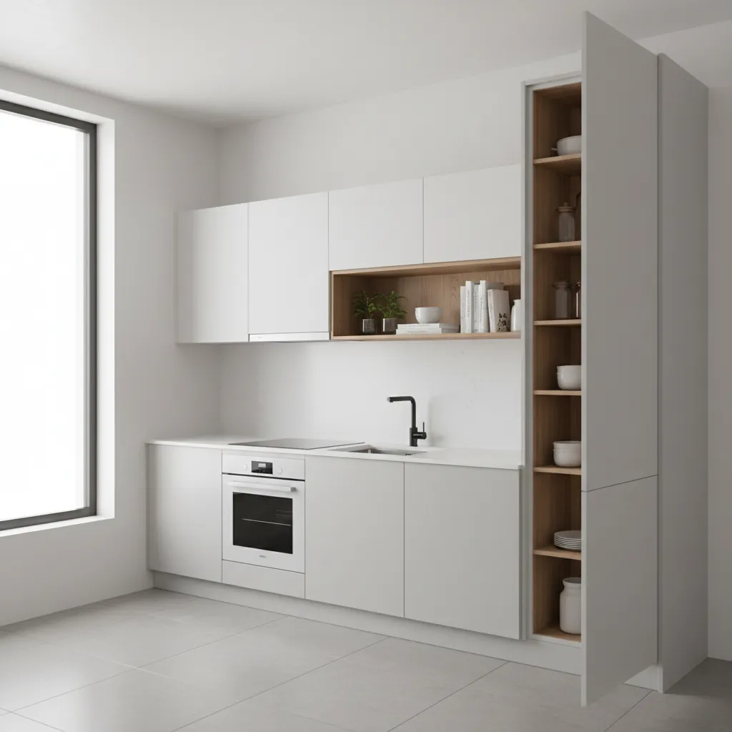 Small kitchen showing mixed cabinet heights and vertical storage
