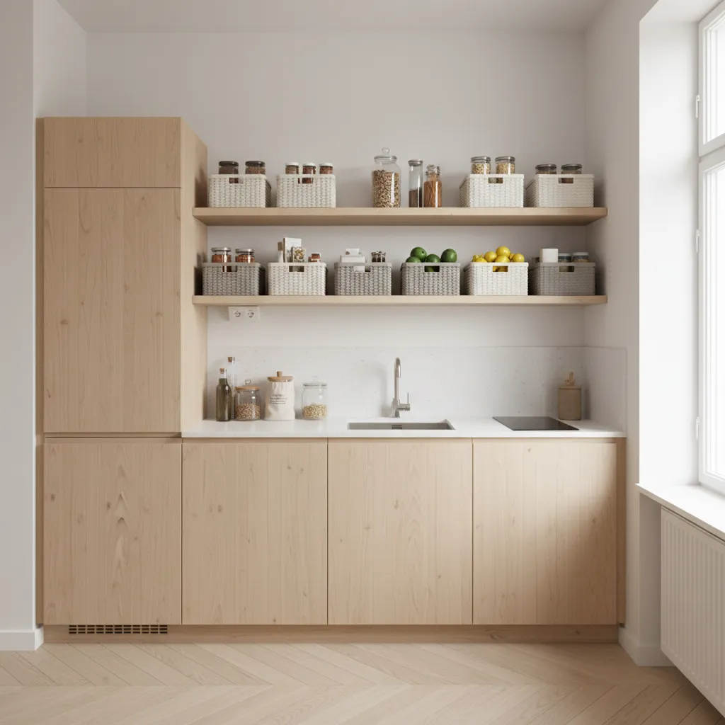 compact kitchen using small baskets on shelves and cabinets for storage