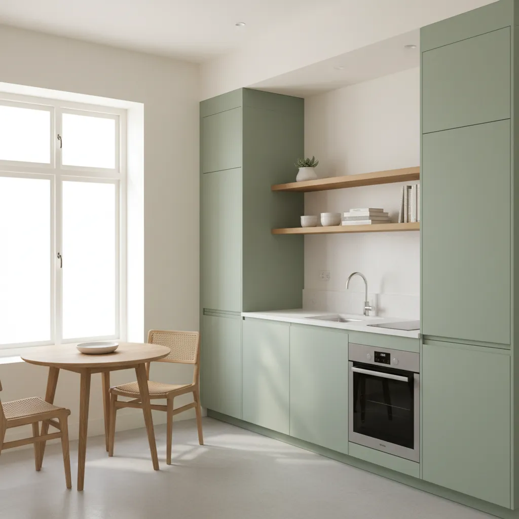 bright compact kitchen after budget renovation with painted cabinets and open shelving