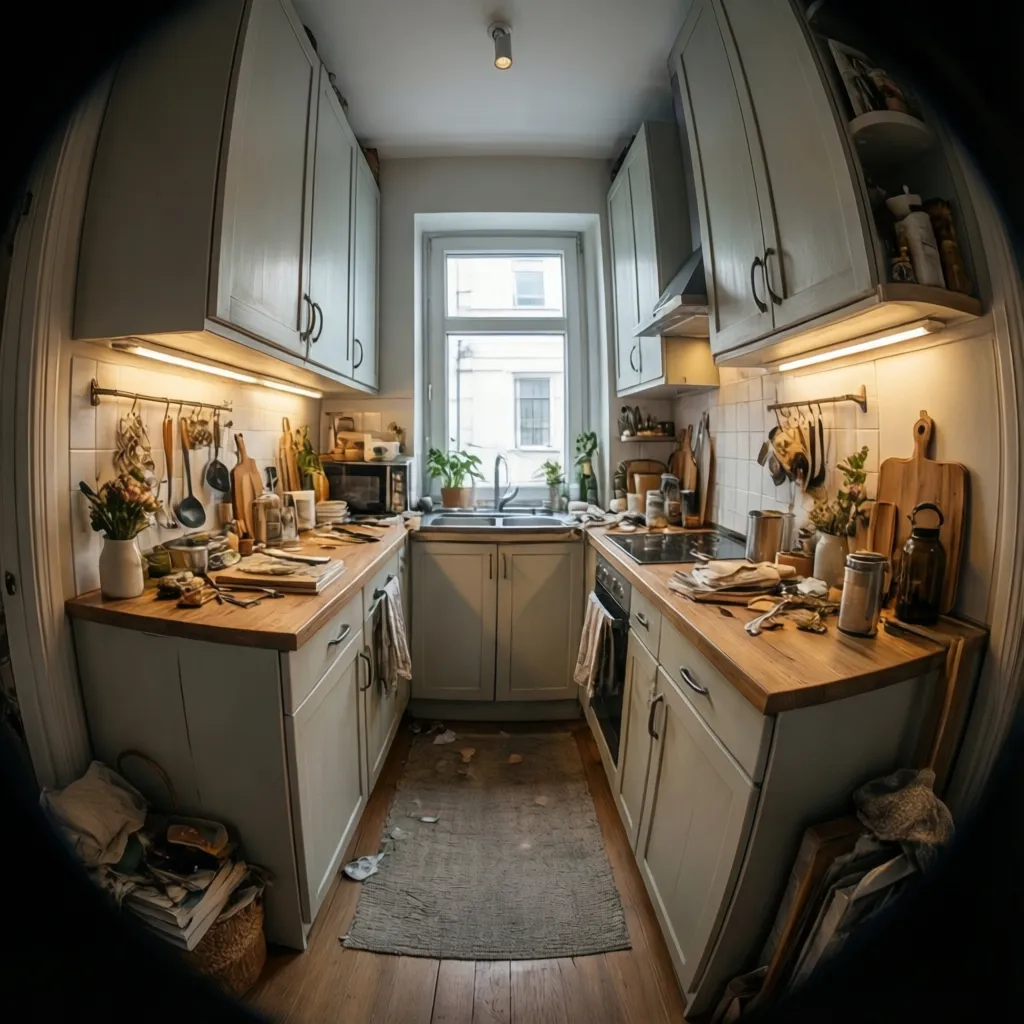 Compact kitchen with painted cabinets and improved lighting after budget remodel